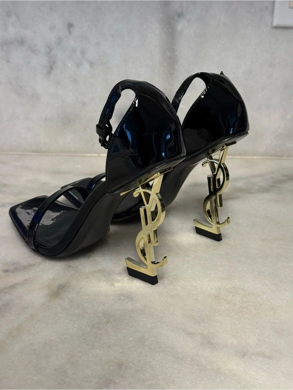 Saint Laurent Black Patent Sandals with Gold YSL Logo Heel